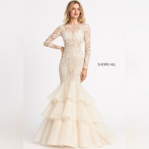 Sherri hill Ivory Lace Ruffle prom wedding Dress Gown Illusion Long Sleeve 2 4